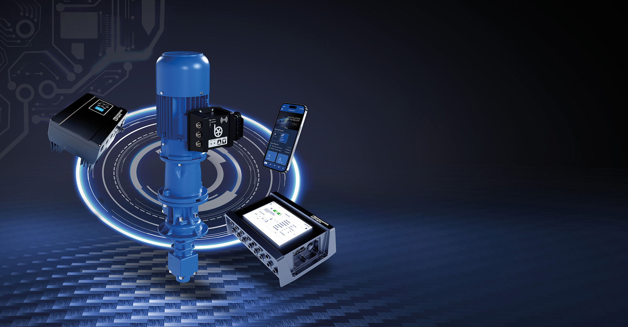 Brinkmann pump, pump control, pump monitoring, and app on a blue background structure